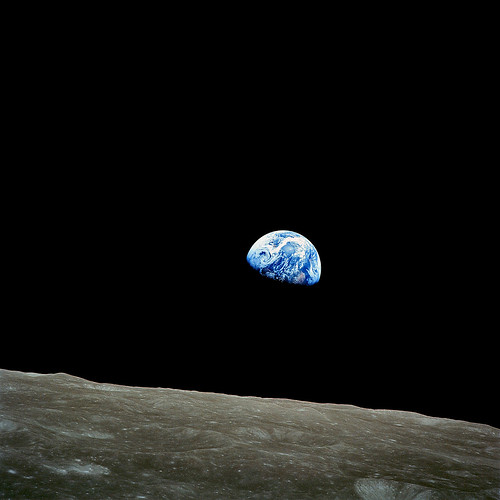 NASA image -  ' Earthrise '  -  The famous photograph taken by Apollo 8 crewmember Bill Anders on December 24, 1968, at mission time 075:49:07, [1](16:40UTC) while in orbit around the Moon, showing the Earth rising for the third time above the lunar