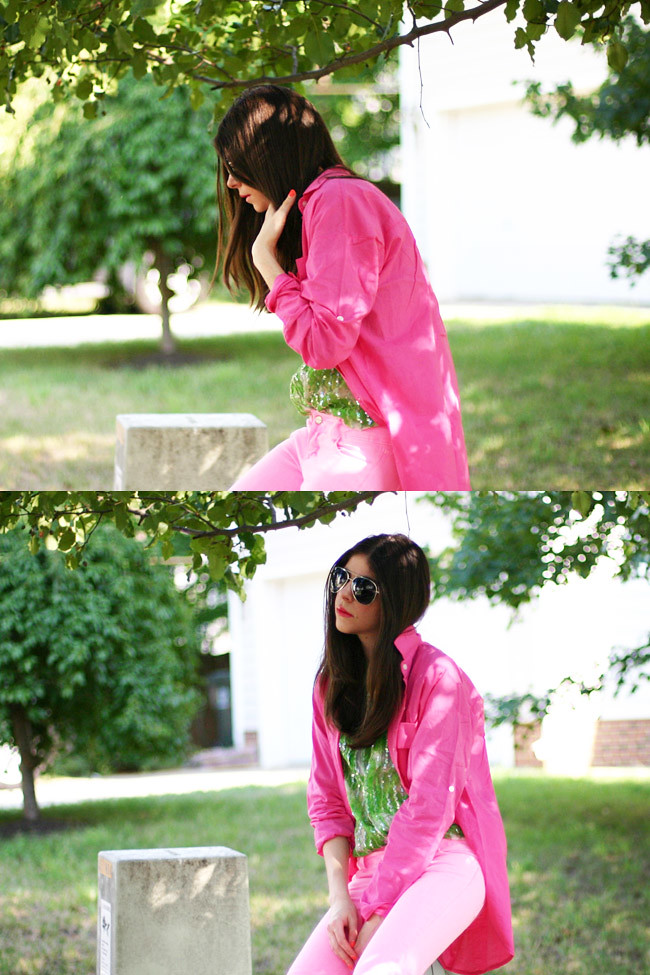 Neon Pink Skinny Jeans, Sequin vintage blouse, Fashion outfit, Ray ban aviators