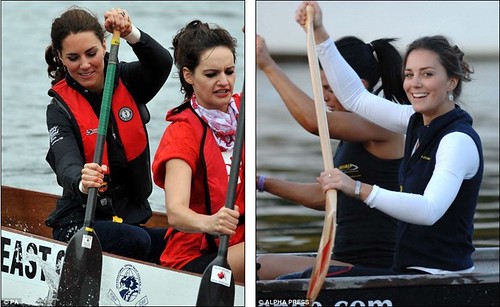 Prince William rules the waves as he beats Duchess of Cambridge in dragon boat race but despite the drizzly day Kate Middleton looks simply 28