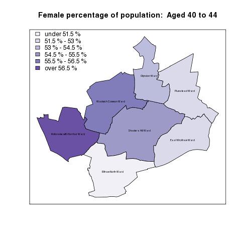 Female percentage of population:  Aged 40 to 44