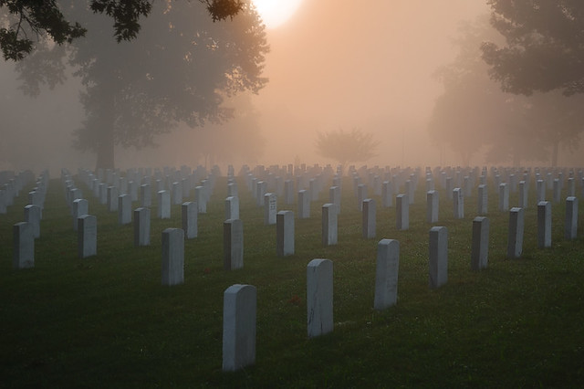 Jefferson Barracks National Cemetery, in Lemay, Missouri, USA - in fog at sunrise - 1
