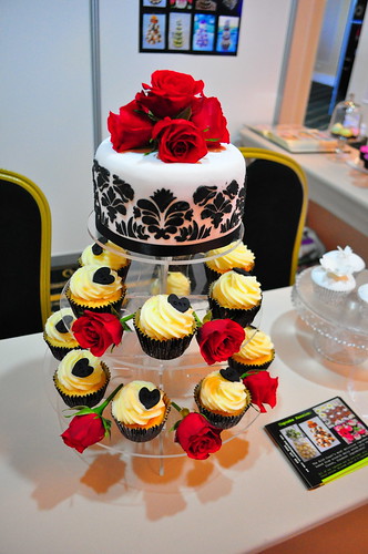 Black red and white wedding cupcake tower