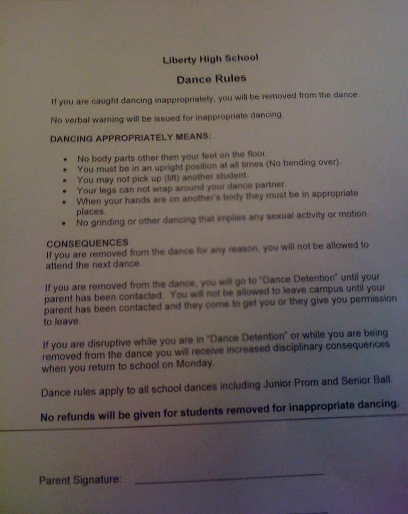 LIBERTY HIGH SCHOOL DANCE RULES: If you are removed from the dance, you will go to 'dance detention' until one of your parents in contacted. 