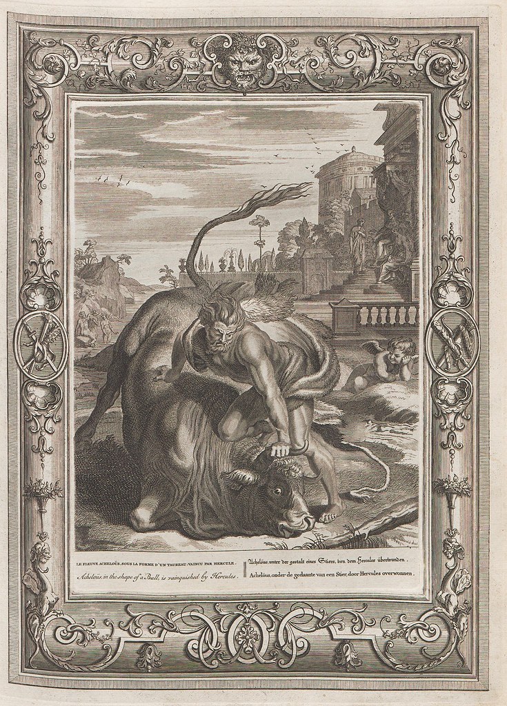 engraved mythological person holds bull's head to the ground