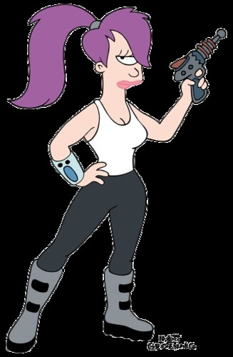 An image of Leela standing with her raygun cocked.