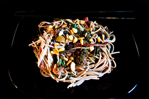 Soba Noodles with Red Chard, Raisins and Toasted Pine Nuts