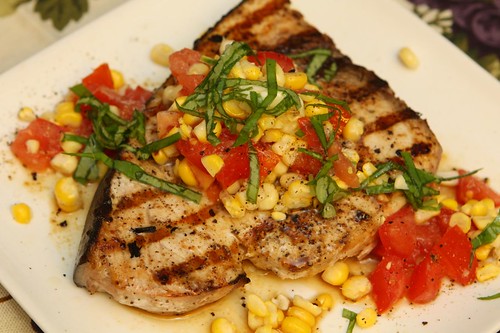 Grilled Swordfish with Tomato, Grilled Corn, and Basil