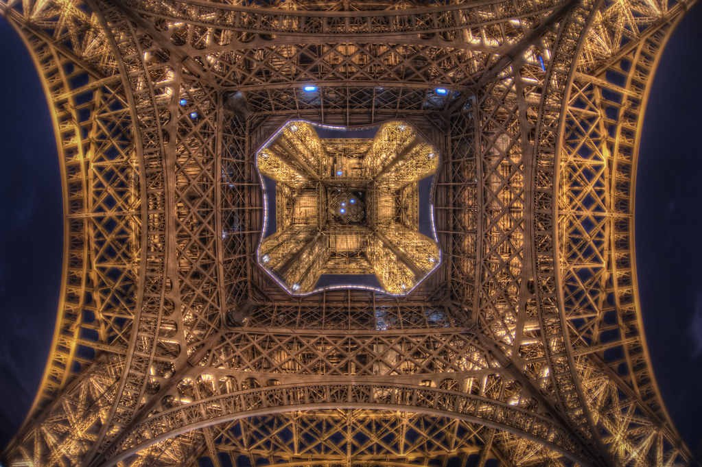 Looking up at the Eiffel Tower.