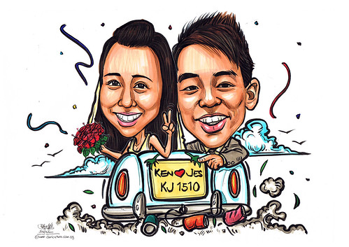 wedding couple caricatures on convertible car