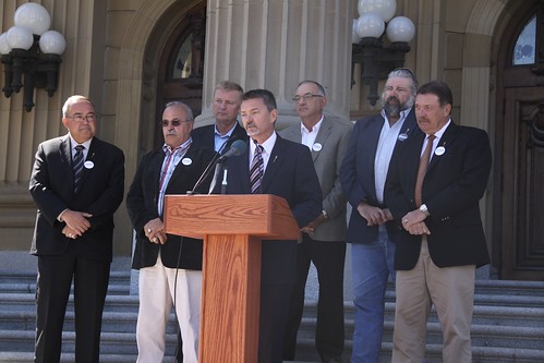 Alberta MLA and PC leadership candidate Doug Horner on the steps of the Legislative Assembly Building on July 4, 2011. Standing behind him are MLA supporters Frank Oberle (Peace River), Luke Oullette (Innisfail-Sylvan Lake), Wayne Drysdale (Grande Prairie-Wapiti), Hector Goudreau (Dunvegan-Central Peace), Ray Danyluk (Lac La Biche-St. Paul), and Jack Hayden (Drumheller-Stettler).