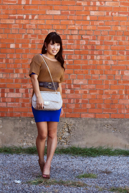 H&M camel knit sweater, wet seal royal blue dress, aldo whitsey, mk5430, yesstyle sarah quilted beige purse, sproos beaded bliss headband