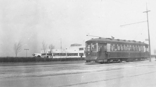 A westbound Chicago Surface Lines West 63rd Street streetcar passing Chicago Municipal Airport.  Chicago Illinois USA. Circa early 1940's. by Eddie from Chicago