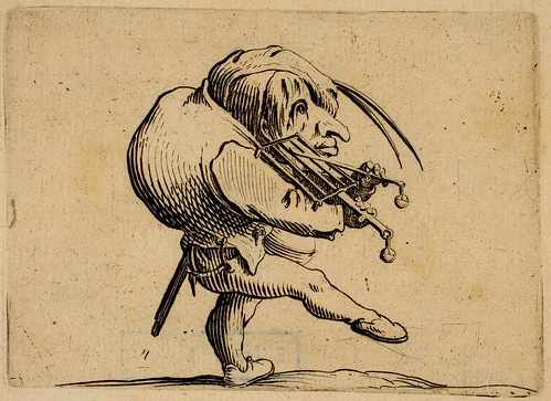 Callot. Dancing figure playing instrument. 1616 etch. 6.3 x8.8 cm. Met Mus. by tony harrison
