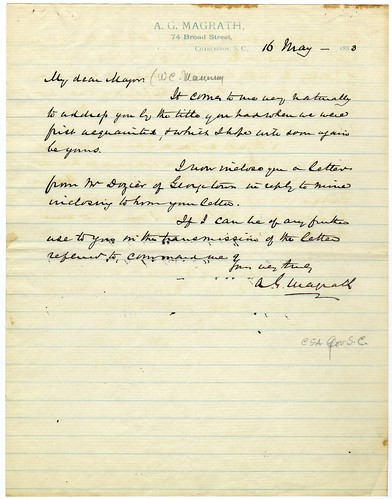 Letter from A.G. Magrath to W.C. Manning, 1883