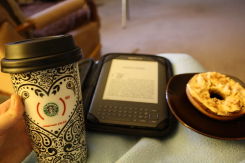 morning routine--coffee, kindle, bagel