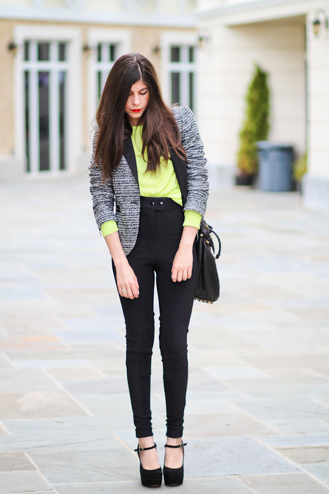 Zara blazer, Marni platforms, Fashion outfit, American Apparel riding pants, Neon Yellow Sweater
