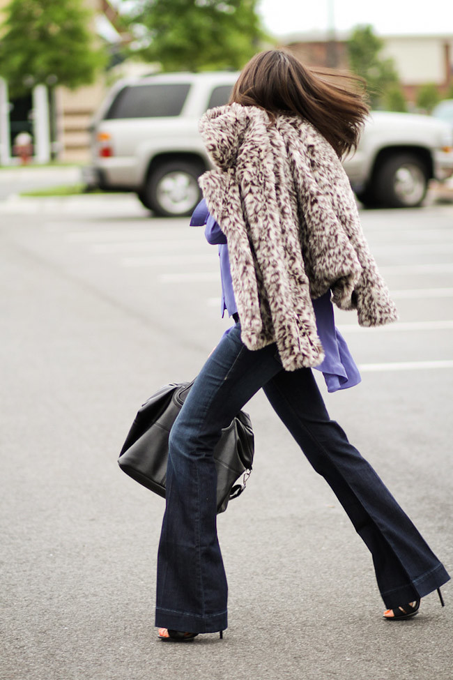 Leopard fur, Bell bottom jeans, LAMB Sandals, Fashion Outfit, Givenchy Nightingale bag