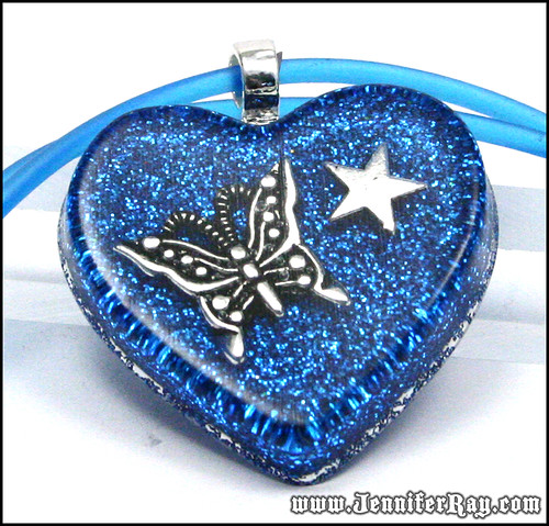 Butterfly Star Pendant - Blue Glitter with Silver Butterfly and Star Resin Heart Necklace by JenniferRay.com