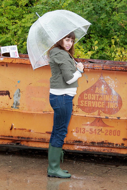 Rain outfit - wellies, jeans, sweater, umbrella