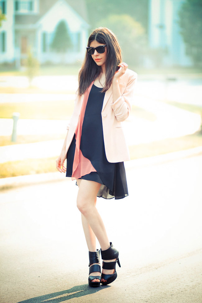 Pink Blazer, Alice Yim dress, strappy heels, Fashion outfit