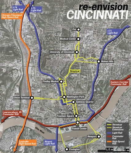 streetcar route as fully contemplated  in yellow (courtesy of Urban Cincy)