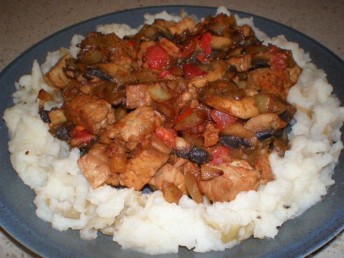 Tempeh and Mushroom Stew on a Mashed Potato Base
