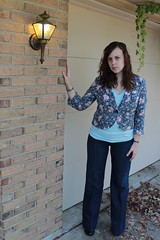 Outfit - Twenty8twelve 1970s inspired jeans, turquoise American Apparel V-neck, Anthropologie floral blazer