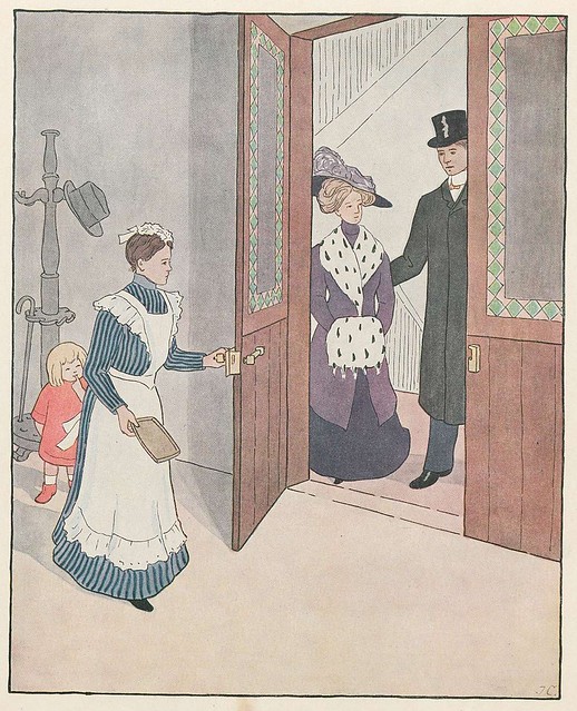 coloured lithograph of upper class Victorian couple visiting household