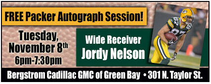 Dont Forget, this coming Tuesday Bergstrom will be hosting a free autograph session! With Packers Wide Reciver JORDY NELSON!