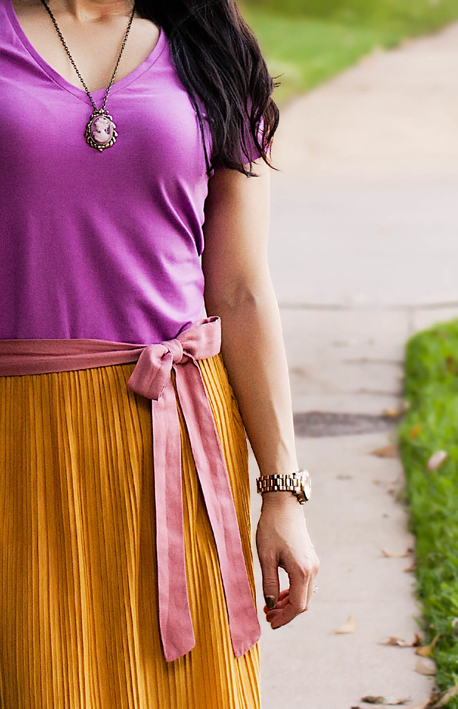 gap fuchsia v-neck shirt, forever 21 lace pleats mustard skirt, forever 21 pink sash belt, forever 21 mustard pumps, yesstyle beige quilted flap purse, romwe street style gem arty ring
