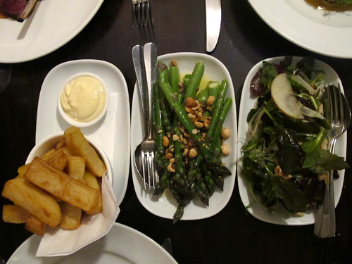 Fries, asparagus, salad