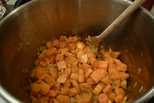 Saffron squash & carrot soup with youvarlakia