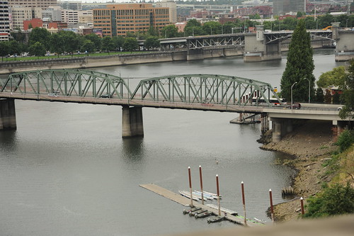 Two steel bridges, river, dock, buildings, Portland, Oregon, USA by Wonderlane