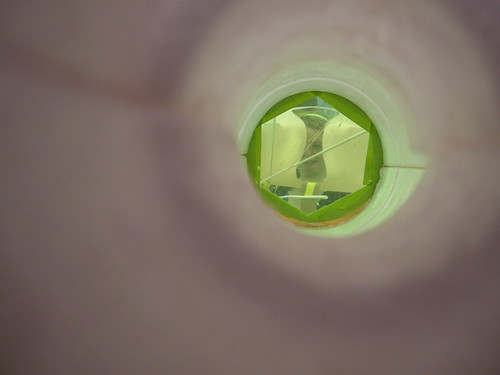 An apparatus for making the wearer's gaze shift upwards as viewed through an apparatus for making the wearer  see things through a green-tinted tube.