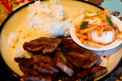 Kalbi ribs, rice and homemade kim-chi.