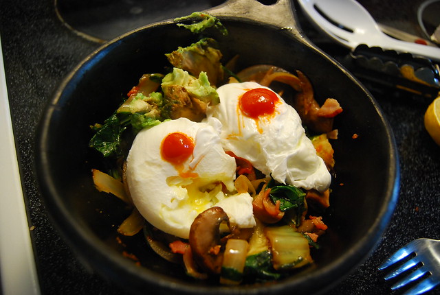 Poached eggs and sauteed veg