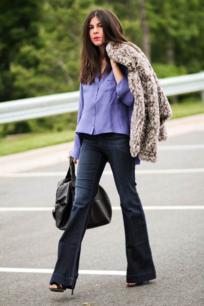 Leopard fur, Bell bottom jeans, LAMB Sandals, Fashion Outfit, Givenchy Nightingale bag