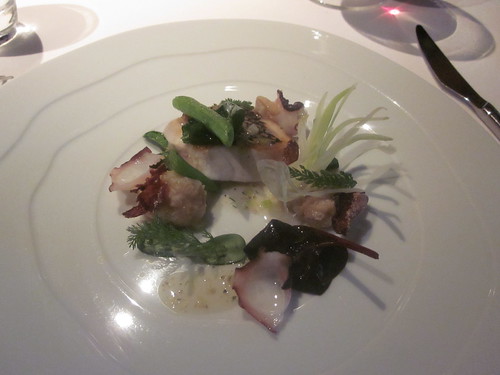 Manresa - Los Gatos, CA - June 2011 - Black Bass with Octopus, Clam Juice Perfumed with Coriander and Leek, Young Squash Shoots