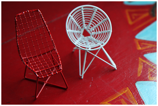 Miniature modern chairs (wire Christmas Tree ornaments from CB2)