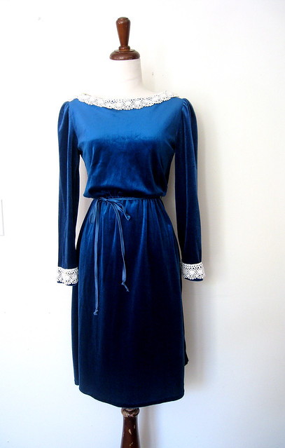 Peacock Blue Velour & Lace Dress, vintage 70s
