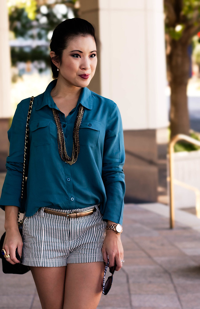 express minus the leather moto jacket, urban outfitters cooperative teal button-up, ann taylor perfect gold skinny belt, forever 21 seersucker striped shorts, jessica simpson livia black ankle booties, michael kors rose gold small runway mk5430 watch, romwe street style gem ysl arty ring, goody modern updo pin, papaya cat eye sunglasses