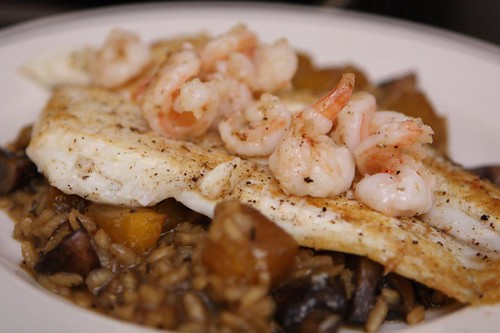 Pan Seared Fluke with Pumpkin Mushroom Risotto and Shrimp Butter Sauce