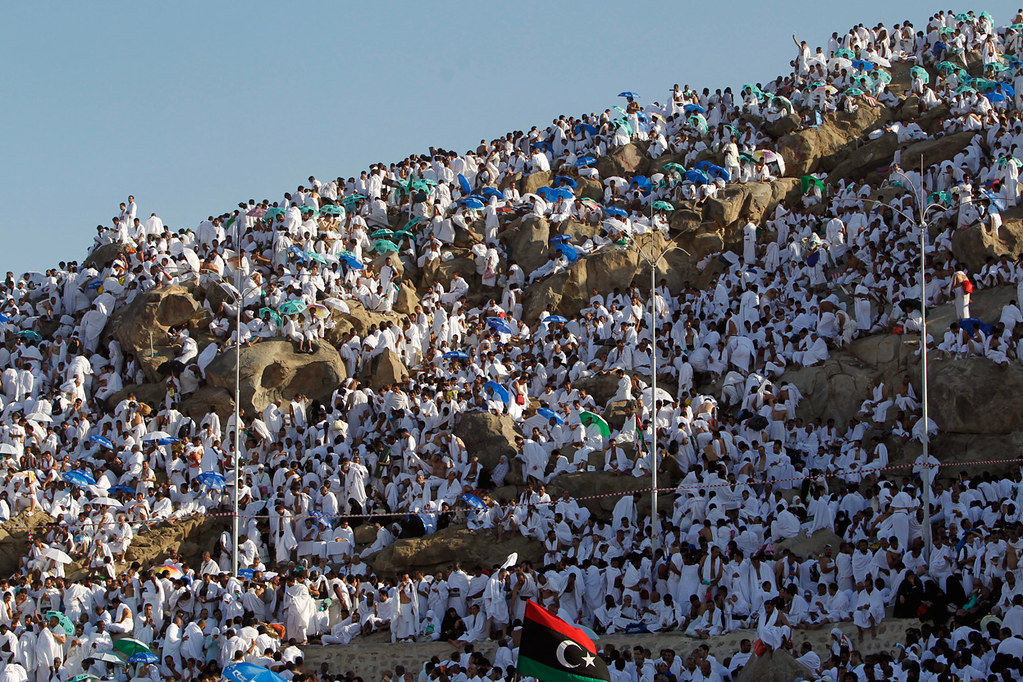 Muslim pilgrims pray on Mount Mercy on the plains of Arafat