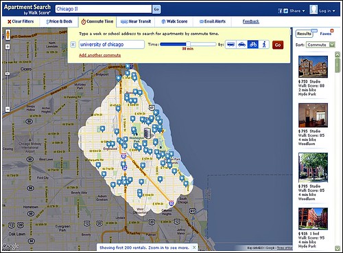 apartments available within 30 minutes by bike of the U of Chicago (via Walk Score)