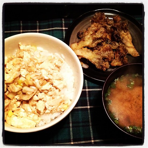 豆腐ぶっかけ丼とスーパーで半額だった舞茸の天ぷら。