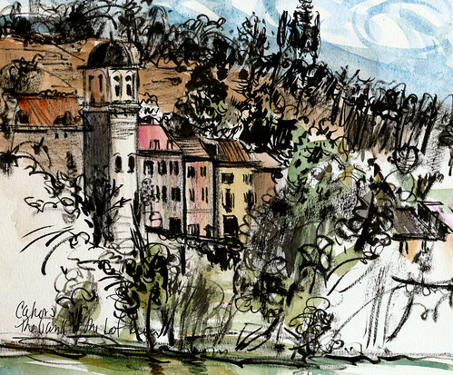 River sketch, Cahors, France. Hot and windy day.