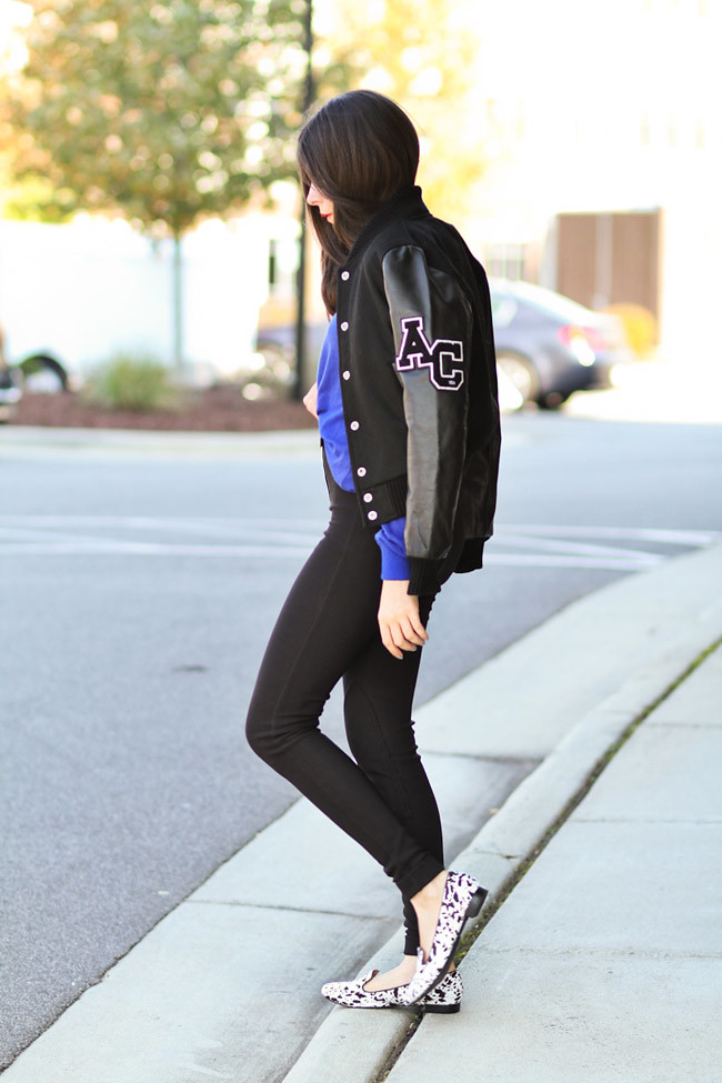 American Apparel riding pants, Aldo dalmatian print loafers, Varsity Jacket with Leather sleeves, Fashion Outfit