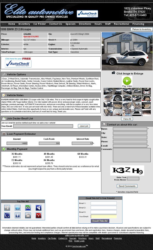 1999 BMW Z3 Coupe | Alpine White | Beige | 4usck5330xlg12084 | Elite Automotive For Sale Listing Ad