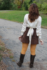 fall fashion - vintage suede mini skirt, silk wrap blouse, mustard tights, leather boots