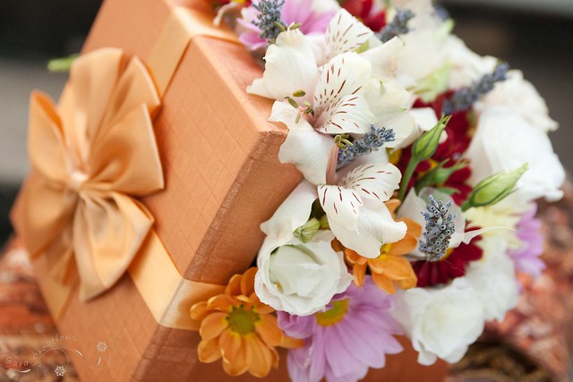 Present box with fresh flowers